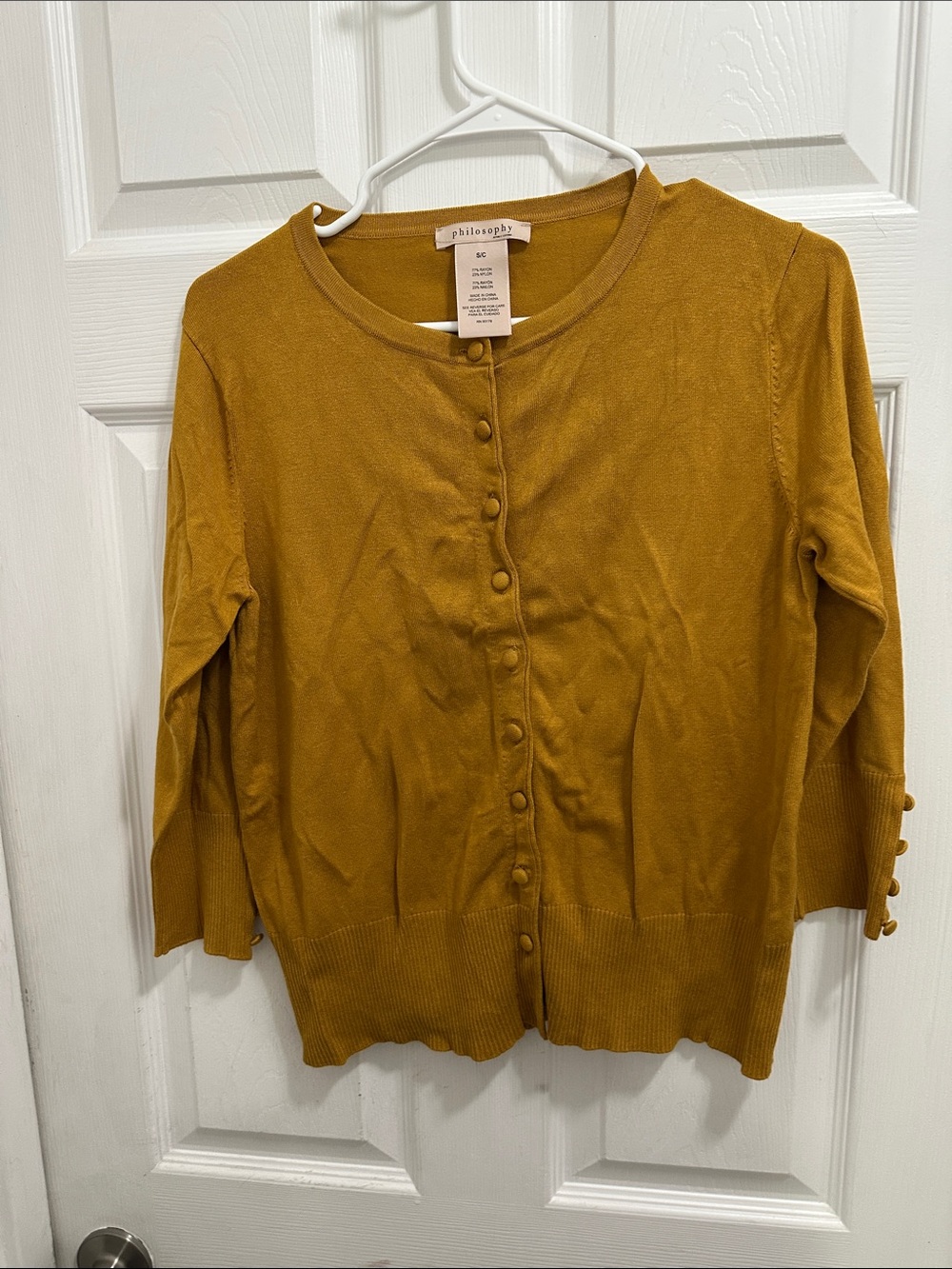 Philosophy Mustard Gold Button-Front Women's Sweater with 3/4 Sleeves